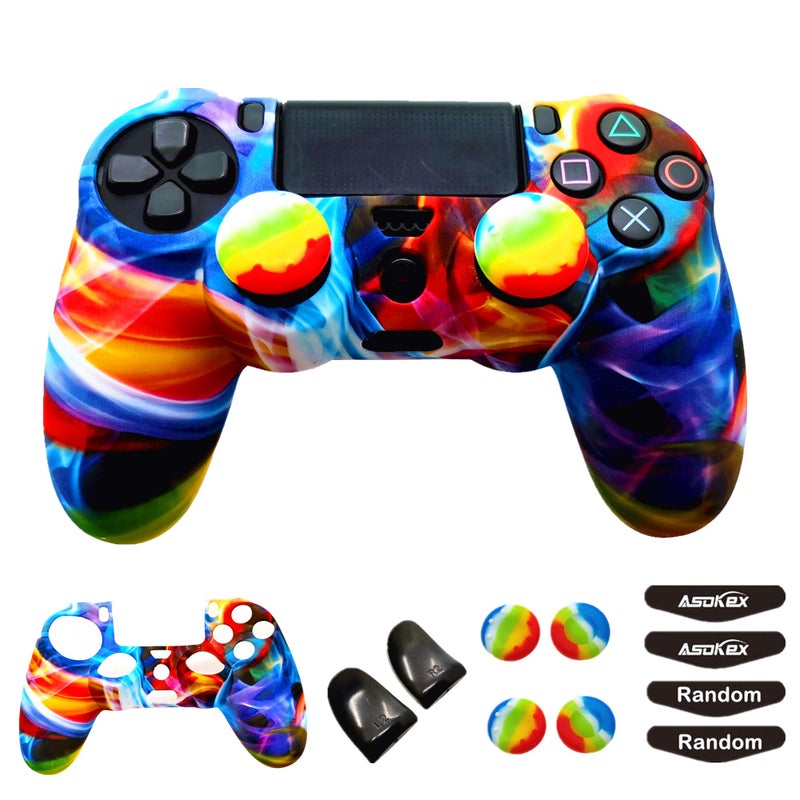 Asokex Silicone Skin Cover for Ps4 Controller (1pc Anti-Slip Case, 1 Pair L2 R2 Trigger Extender, 4pcs Thumb Grips,4pcs LED Light Bar Decal) Protector for DualShock PS4/ Slim/Pro Controller (Multicolor) - Image 1